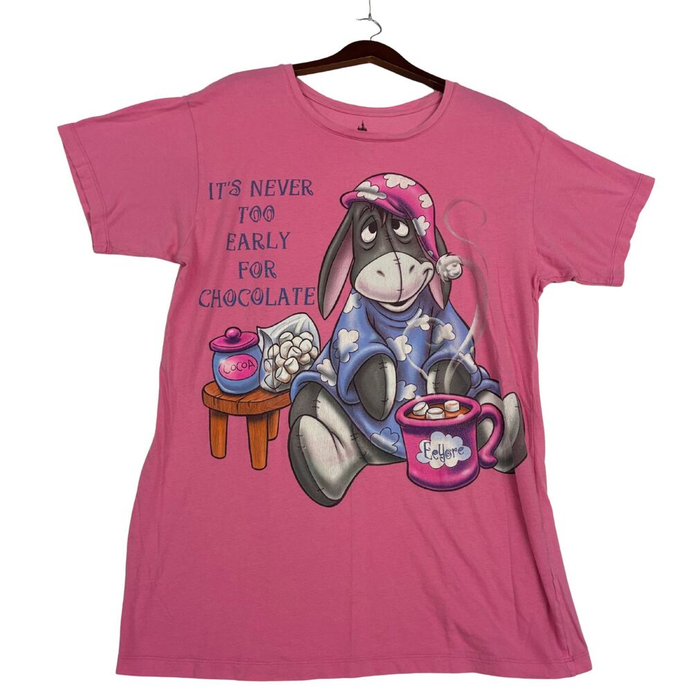 Disney Parks Eeyore Womens T-Shirt Pink XL It’s Never Too Early For Chocolate